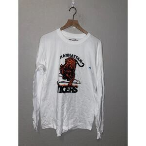 Vintage Manhattan Long Sleeve Shirt Tigers School White Paint stain 90s VTG L